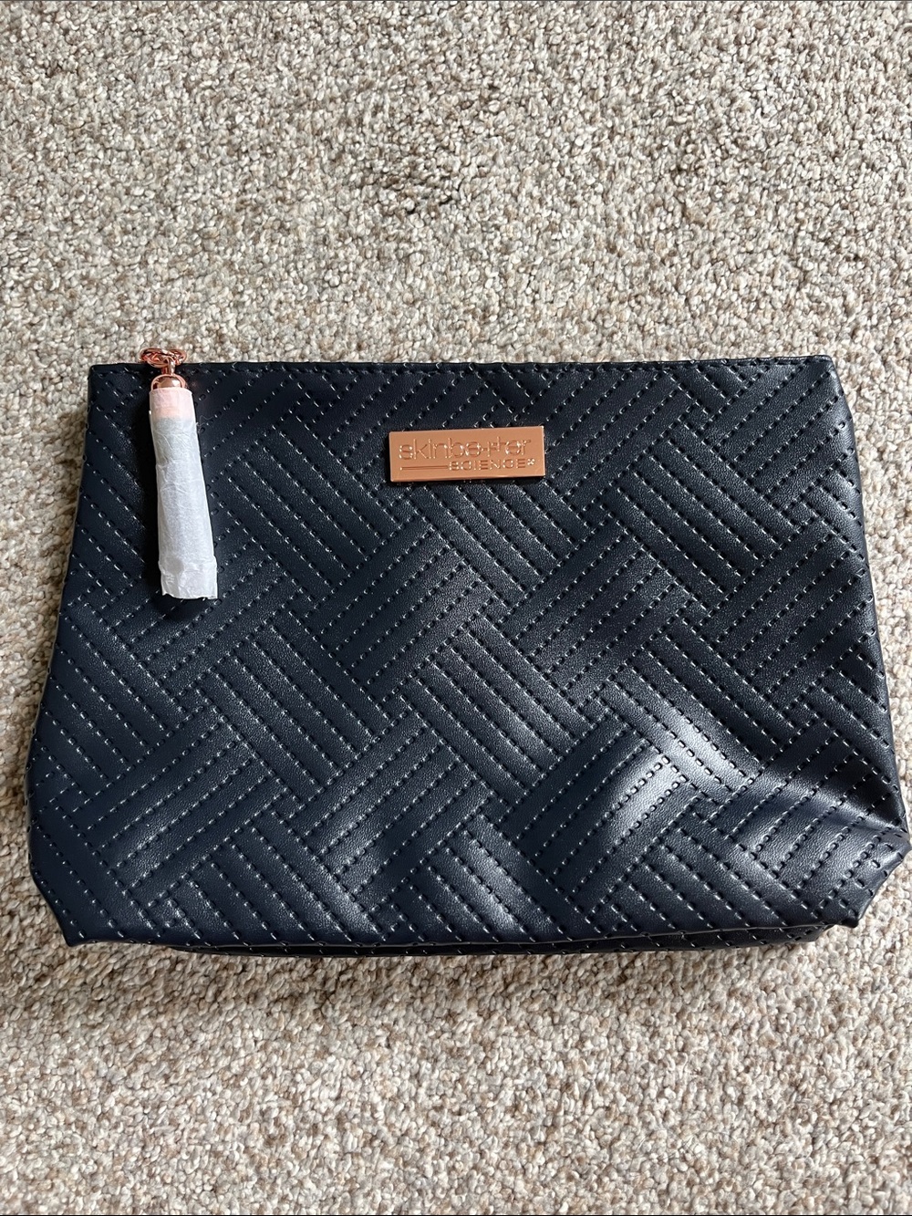 SkinBetter Science Navy Blue Quilted Makeup Pouch with Rose Gold Plaque